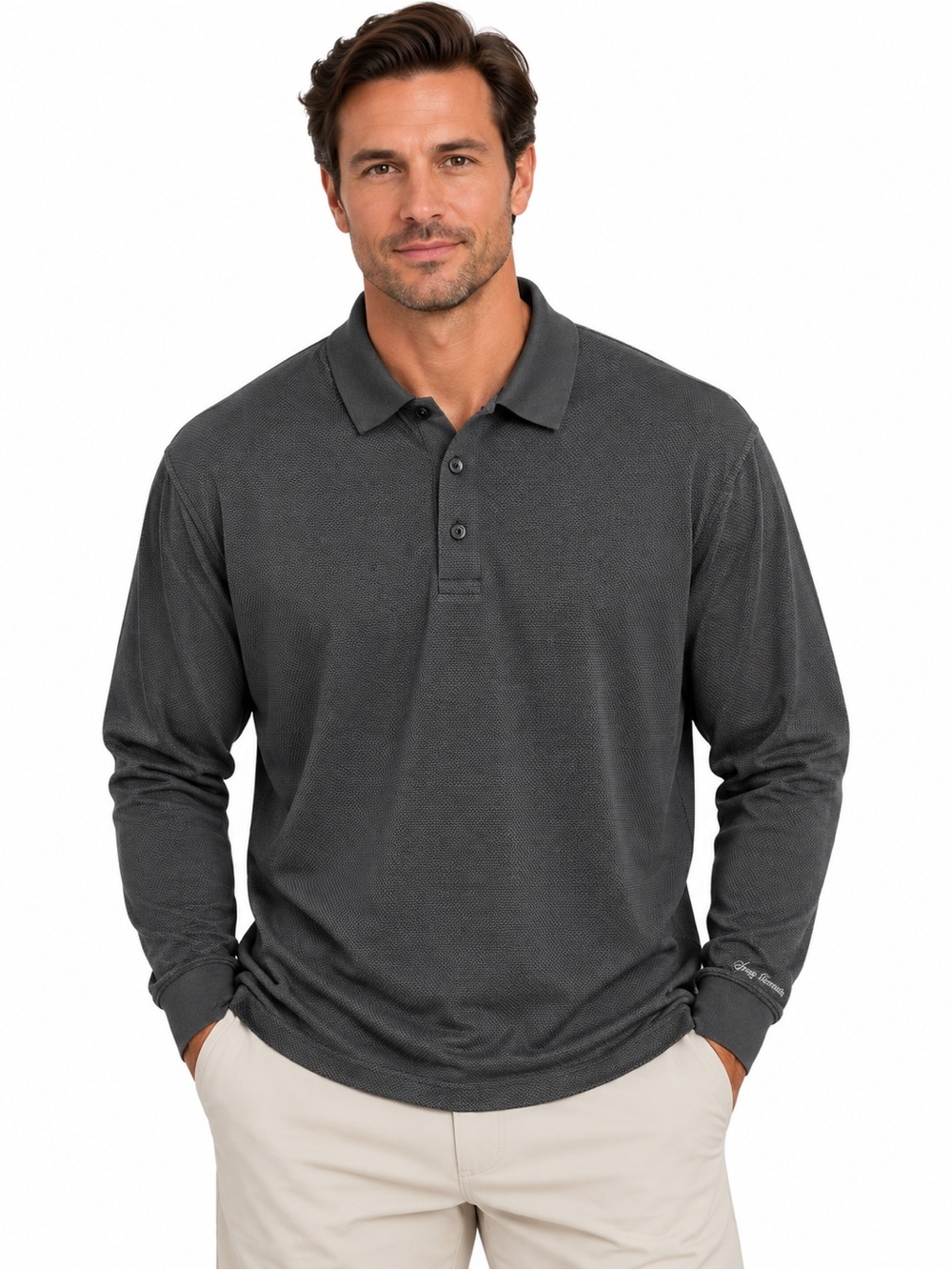 Greg Norman Collection Long Sleeve Polo in Charcoal
